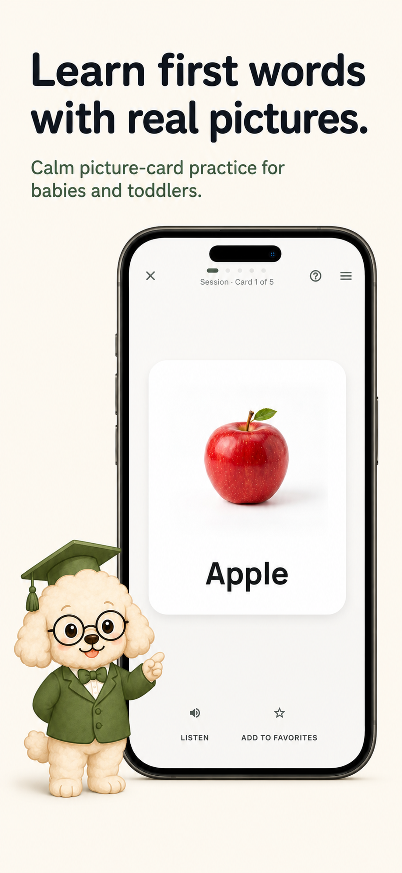Baby Flashcards app screen showing a first-word picture card