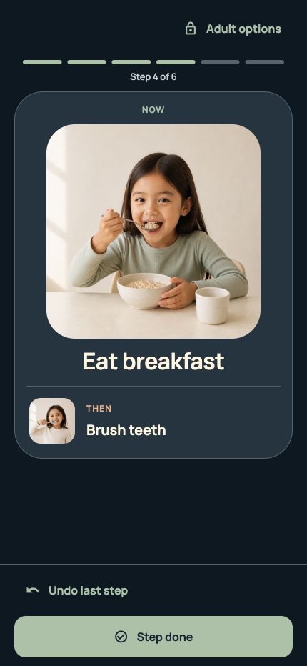 Visual Routine app screen showing the current and next steps of a morning routine